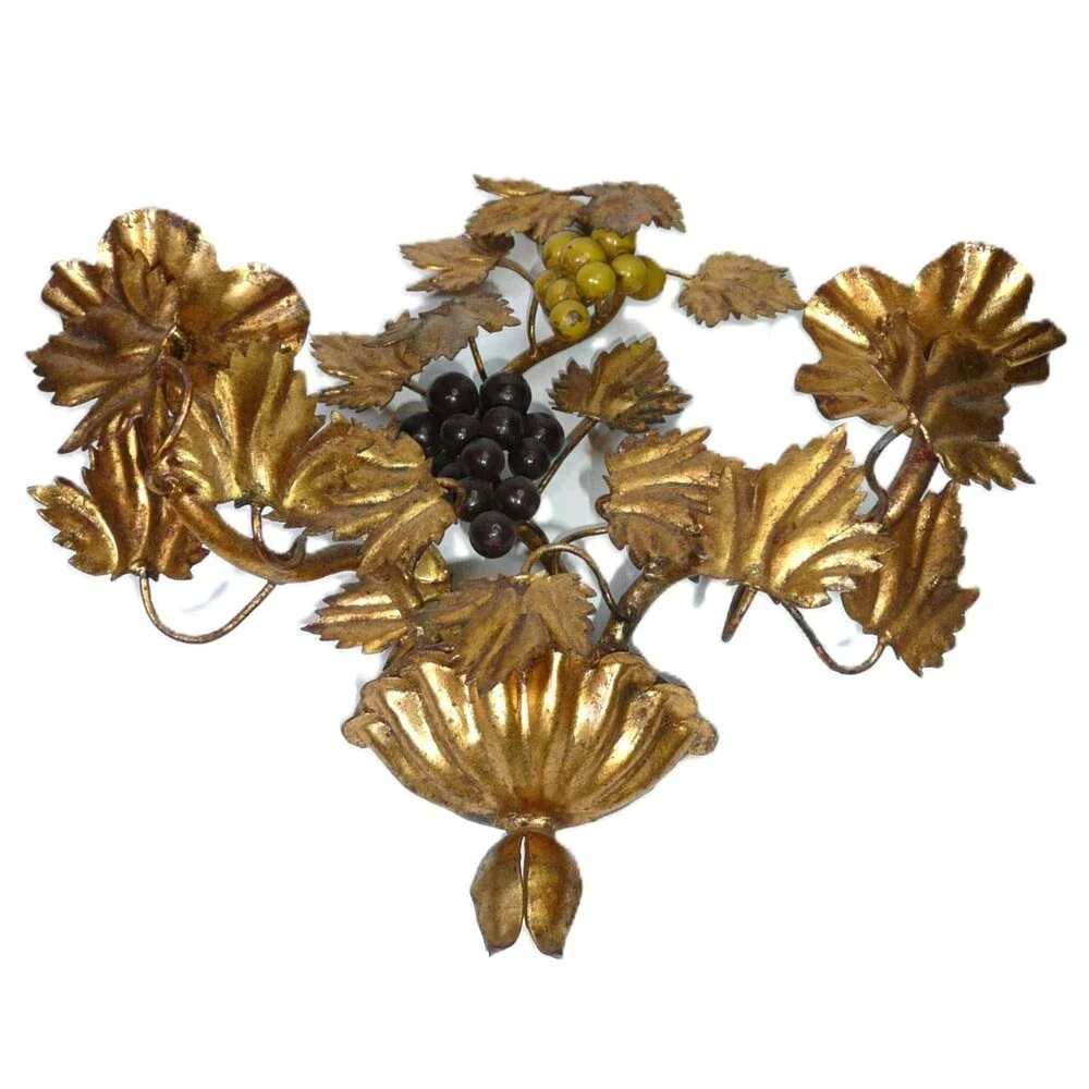 Vtg 2 Candle Sconce Italian Style Gold Grape Vine Gilt Metal Toleware Wall MCM